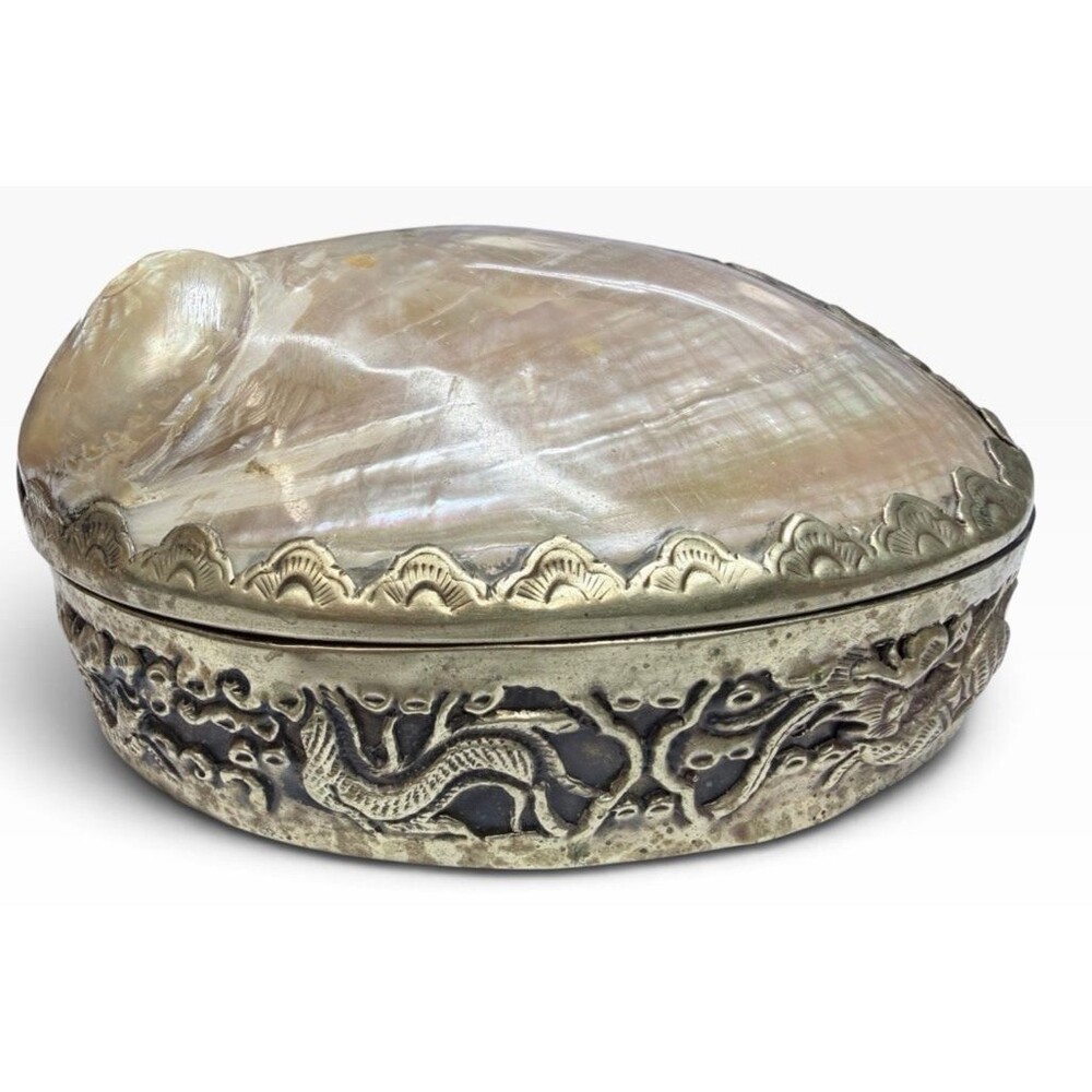 Abalone Shell Mother of Pearl Dragon Trinket Jewelry Box Ornate Brass 5.5"